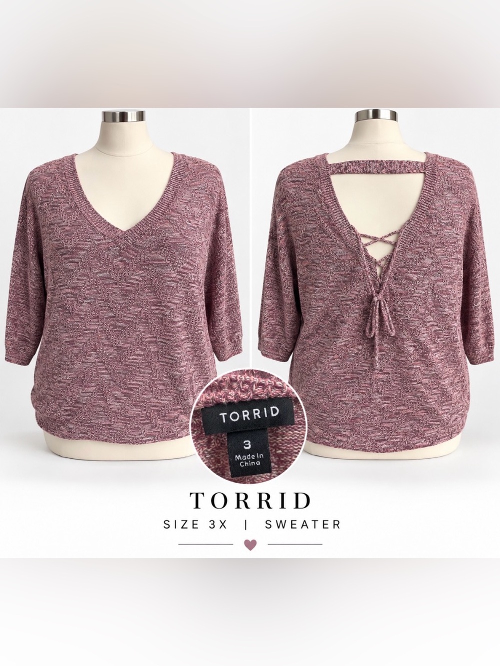 Torrid 3X 100% cotton - mauve knit V‑Neck Sweater with Lace‑Up Back